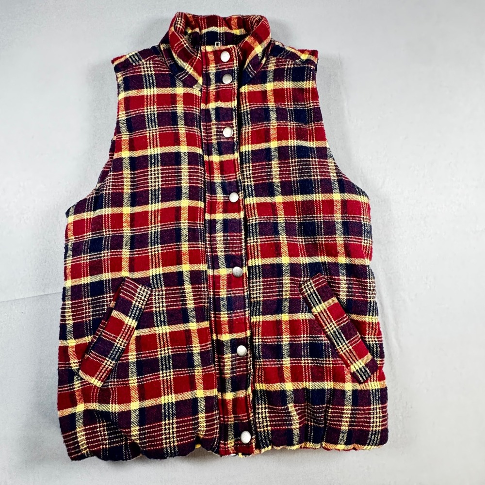 Jolt Tartan Plaid Puffer Vest S Red Navy Yellow Quilted Gorpcore Cabincore Cozy